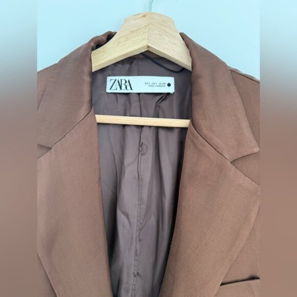 ZARA Brown Satin Linen Blazer size L - Picture 7 of 16